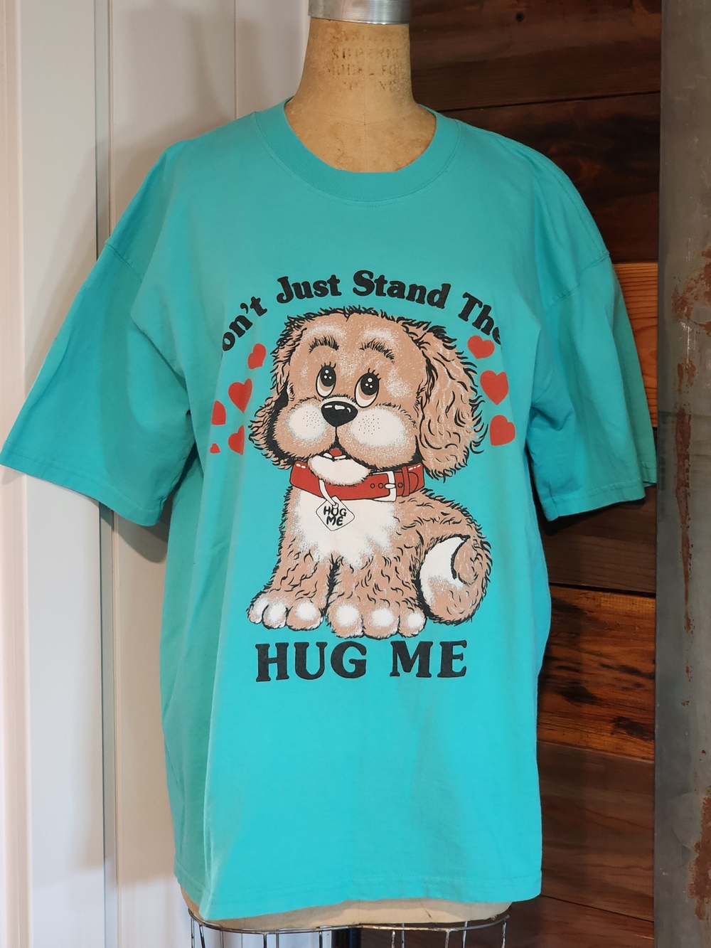 Vintage Gildan Turquoise 'Hug Me' Puppy Graphic Tee